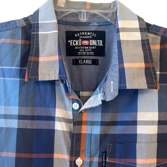Ecko Unlimited Blue and Orange Plaid Button Down Shirt Y2K Cotton XL - Picture 2 of 7